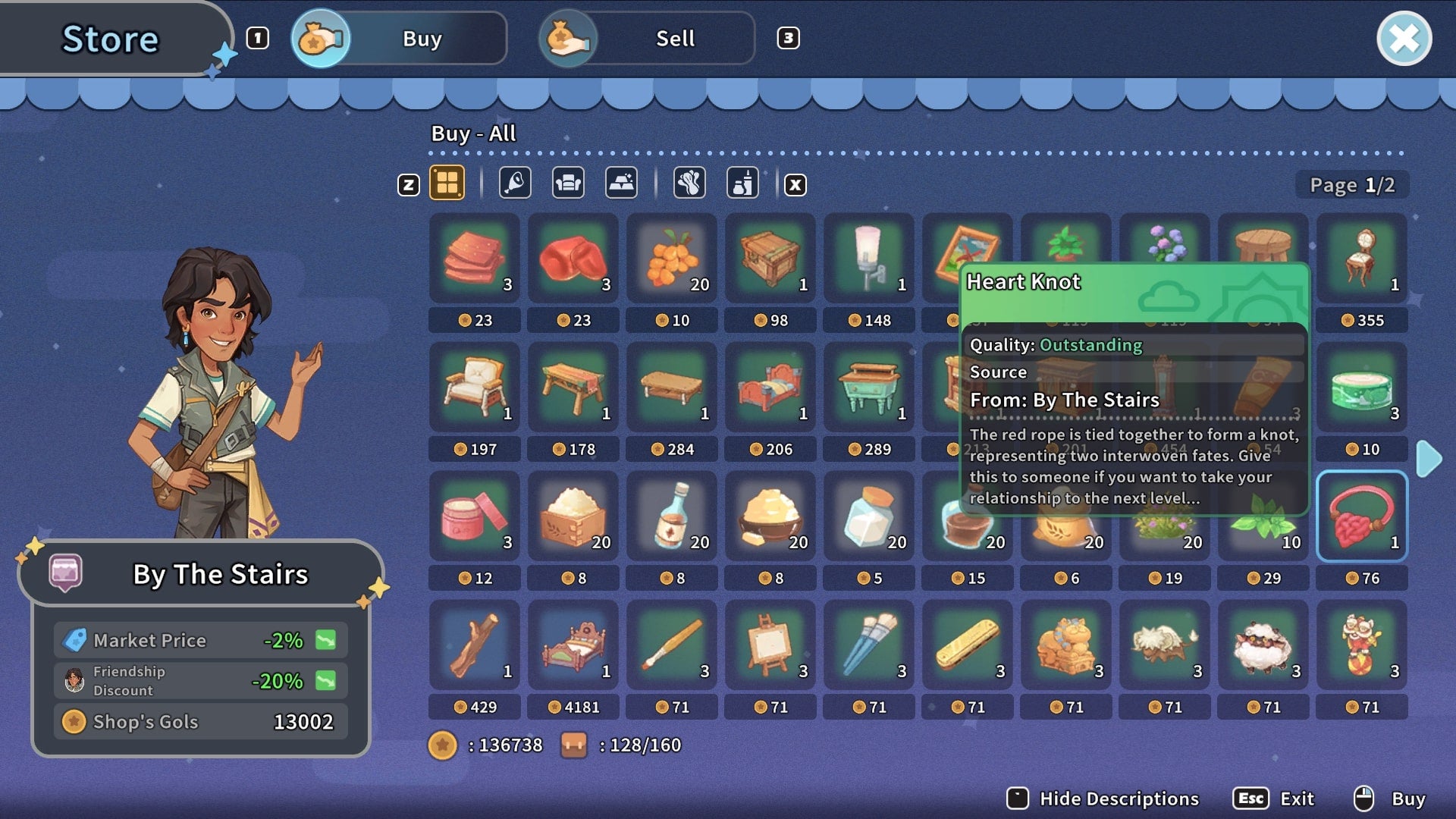 The player purchases a Heart Knot from Arvio at By The Stairs in My Time at Sandrock - 4