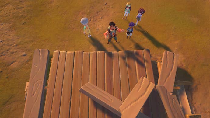 The player and other townsfolk look at a broken stage in My Time at Sandrock