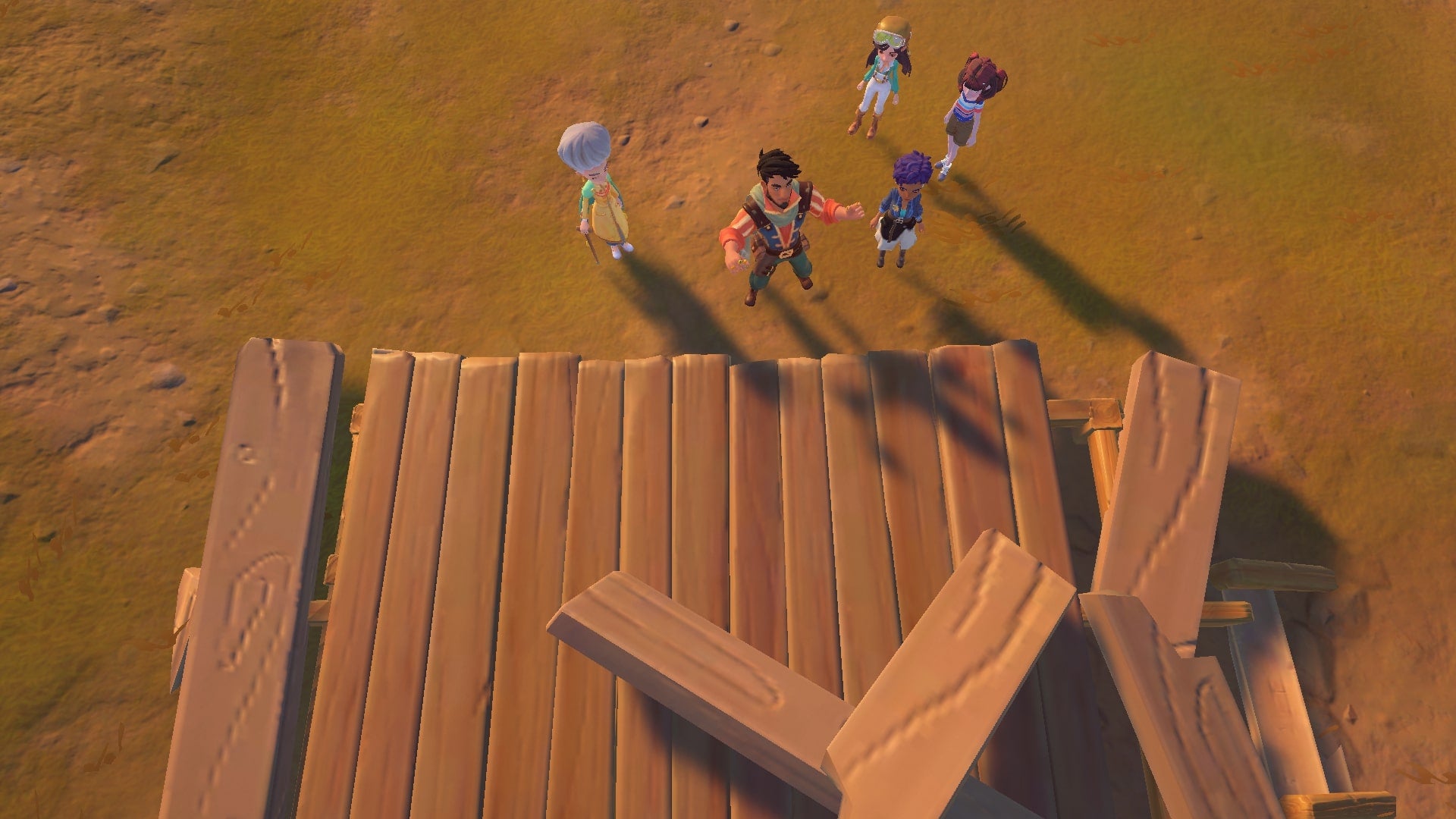 The player and other townsfolk look at a broken stage in My Time at Sandrock - 1