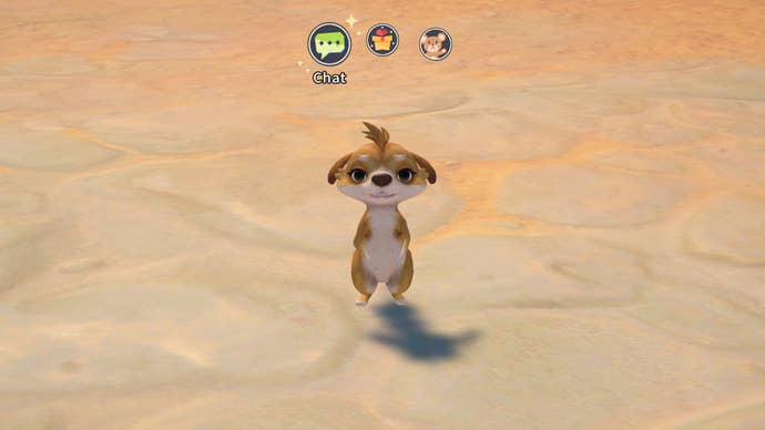 The player speaks with one of the possible adoptable pets in My Time at Sandrock, a Meerkat