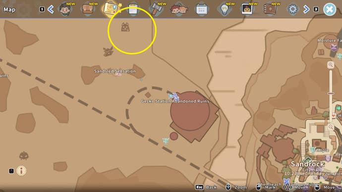 A map of Sandrock showing the location of Pensky in My Time at Sandrock