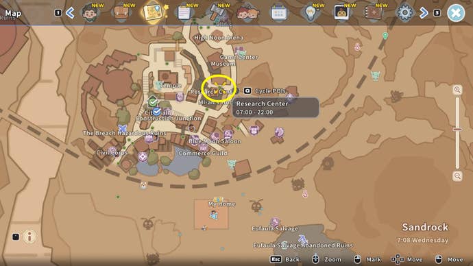 A map of Sandrock showing where to find the Research Center in My Time at Sandrock