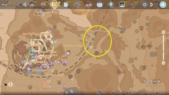 The location of Rockyenaroll's is marked on the My Time at Sandrock map