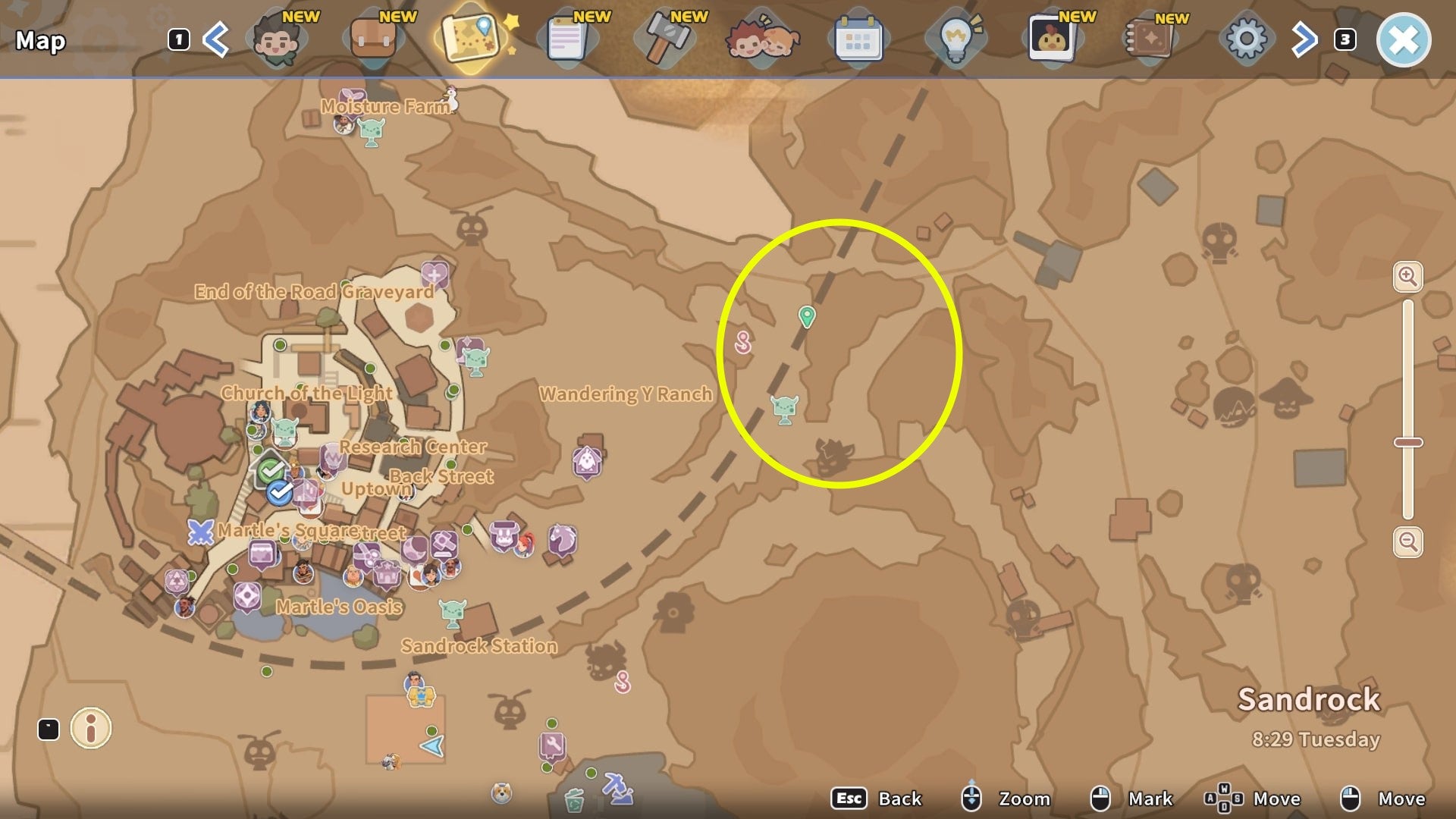 The location of Rockyenaroll's is marked on the My Time at Sandrock map - 5