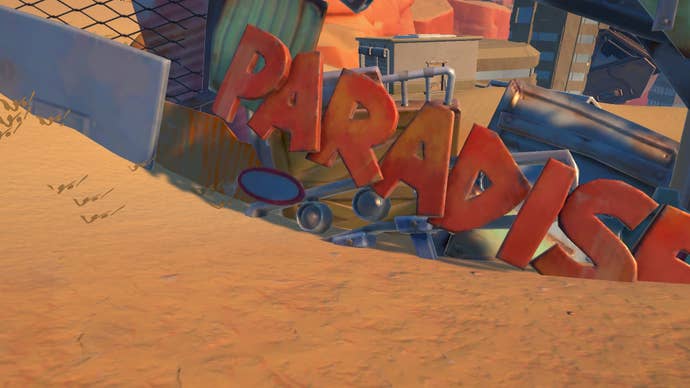 The ‘Paradise’ sign outside of Eufaula Salvage Ruins which is slowly being covered by sand in My Time at Sandrock