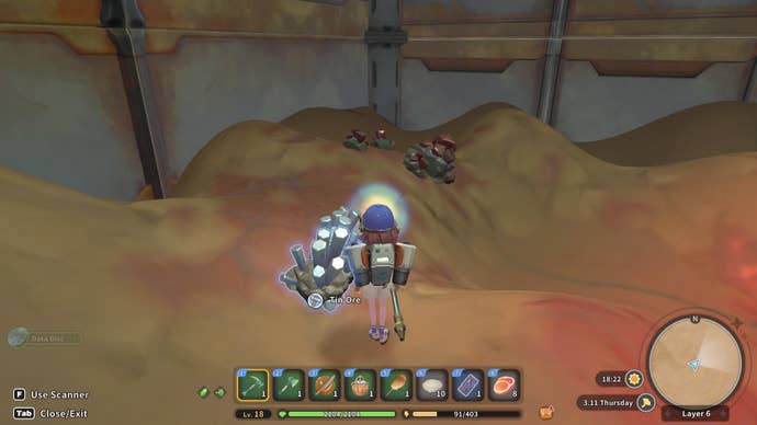 The player mines for tin ore in the Eufaula Salvage Ruins in My Time at Sandrock