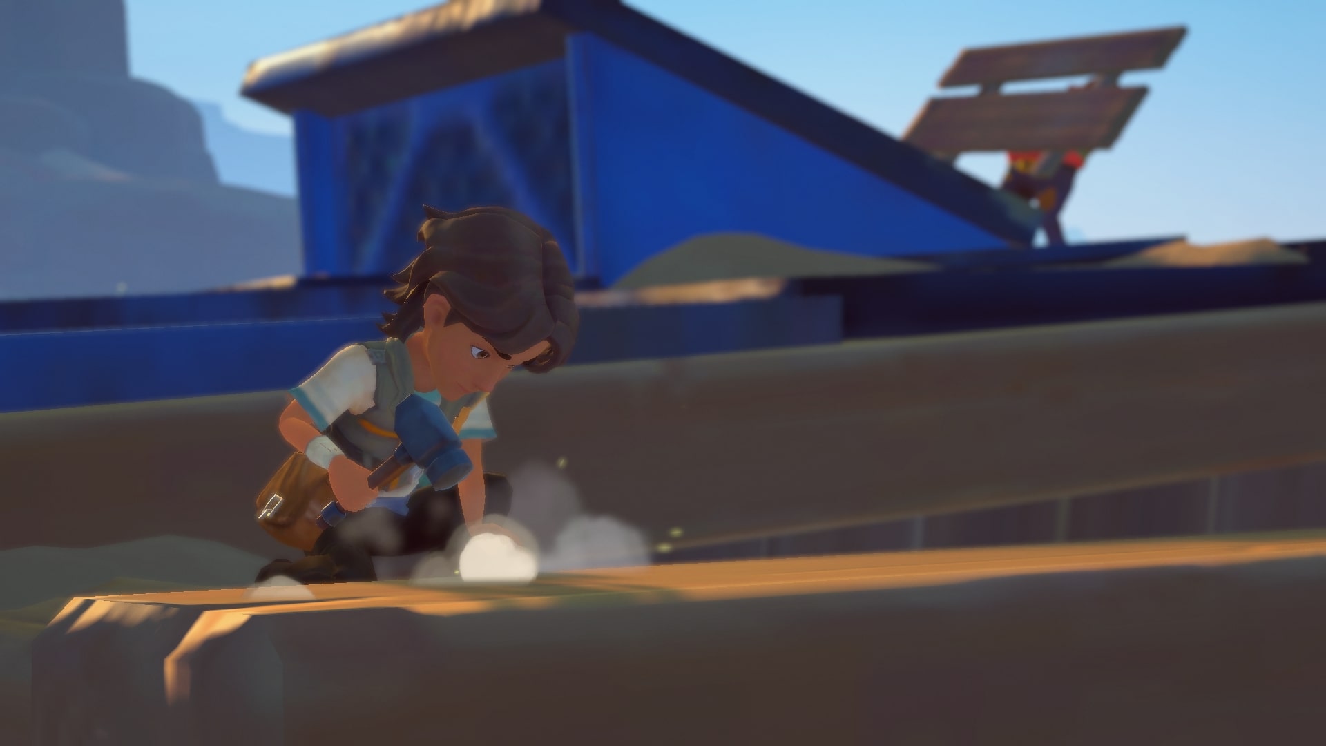 Arvio hammers some wood into the roof of a building in My Time at Sandrock