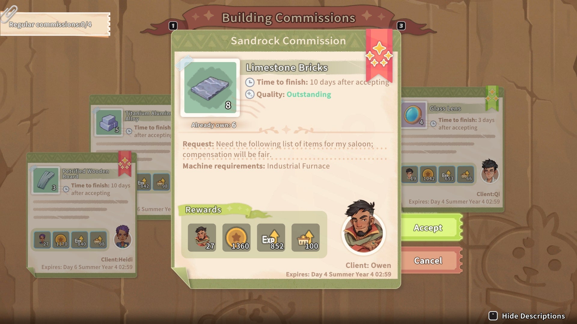 The player looks at a commission from Owen on the Commerce Guild Store&rsquo;s commissions board in My Time at Sandrock