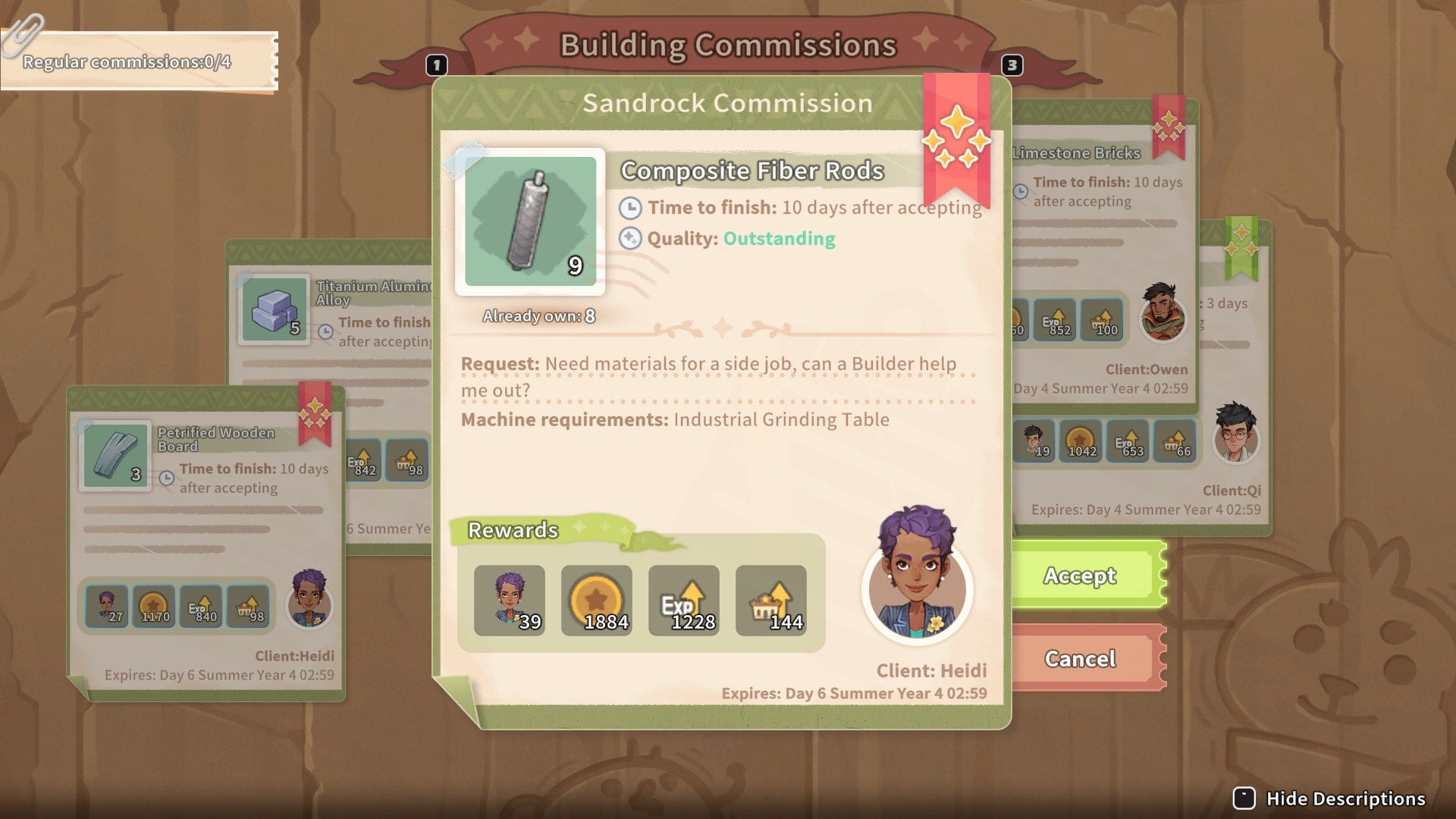 The player looks at a commission from Heidi on the Commerce Guild Store's commissions board in My Time at Sandrock - 4