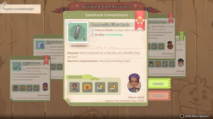 The player looks at a commission from Heidi on the Commerce Guild Store’s commissions board in My Time at Sandrock