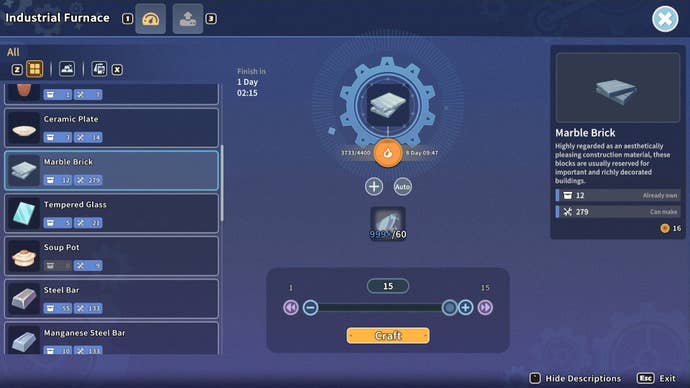 The player uses a furnace to craft Marble Brick in My Time at Sandrock