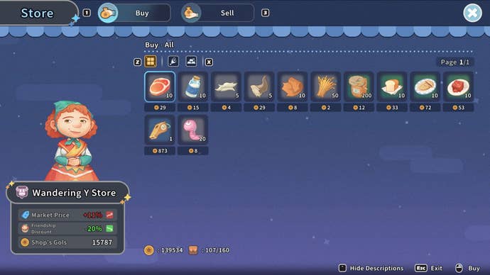 The player is at the Wandering Y Store looking at what products are for sale in My Time at Sandrock