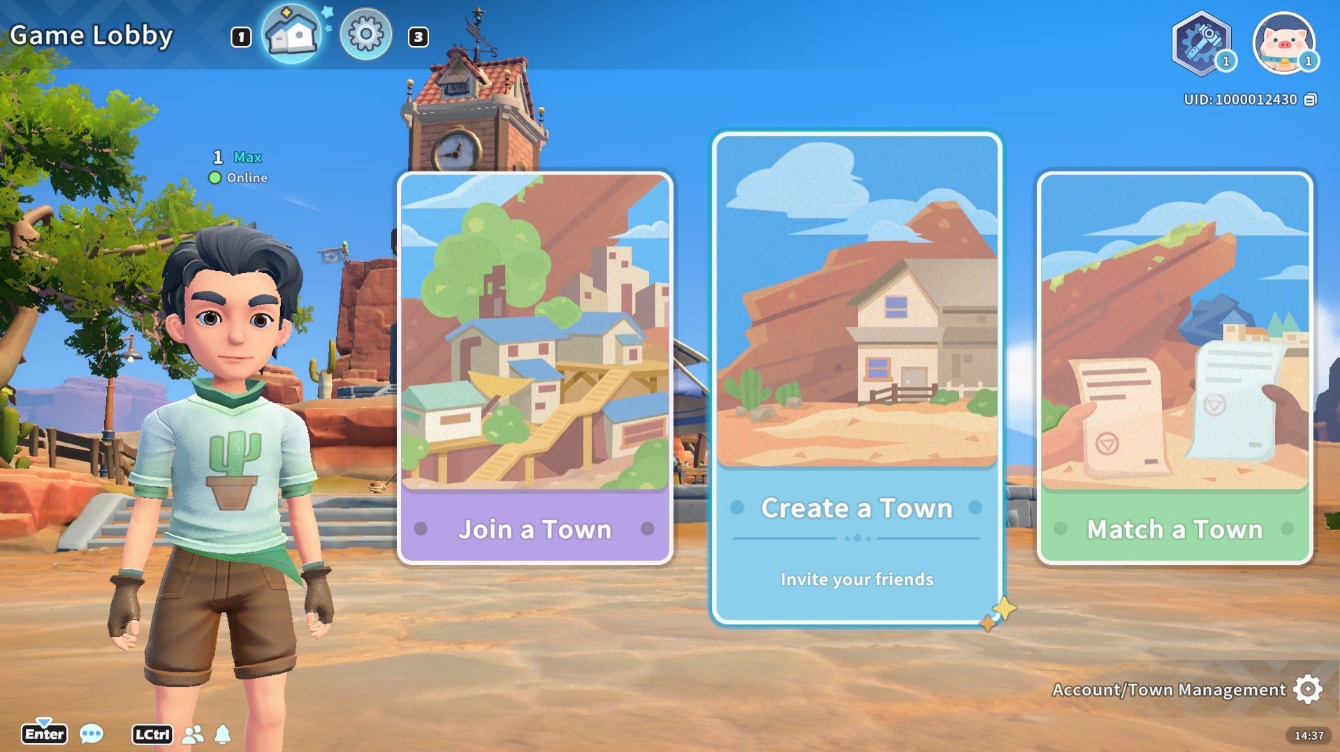 The options for multiplayer towns are shown in the multiplayer mode of My Time at Sandrock - 4