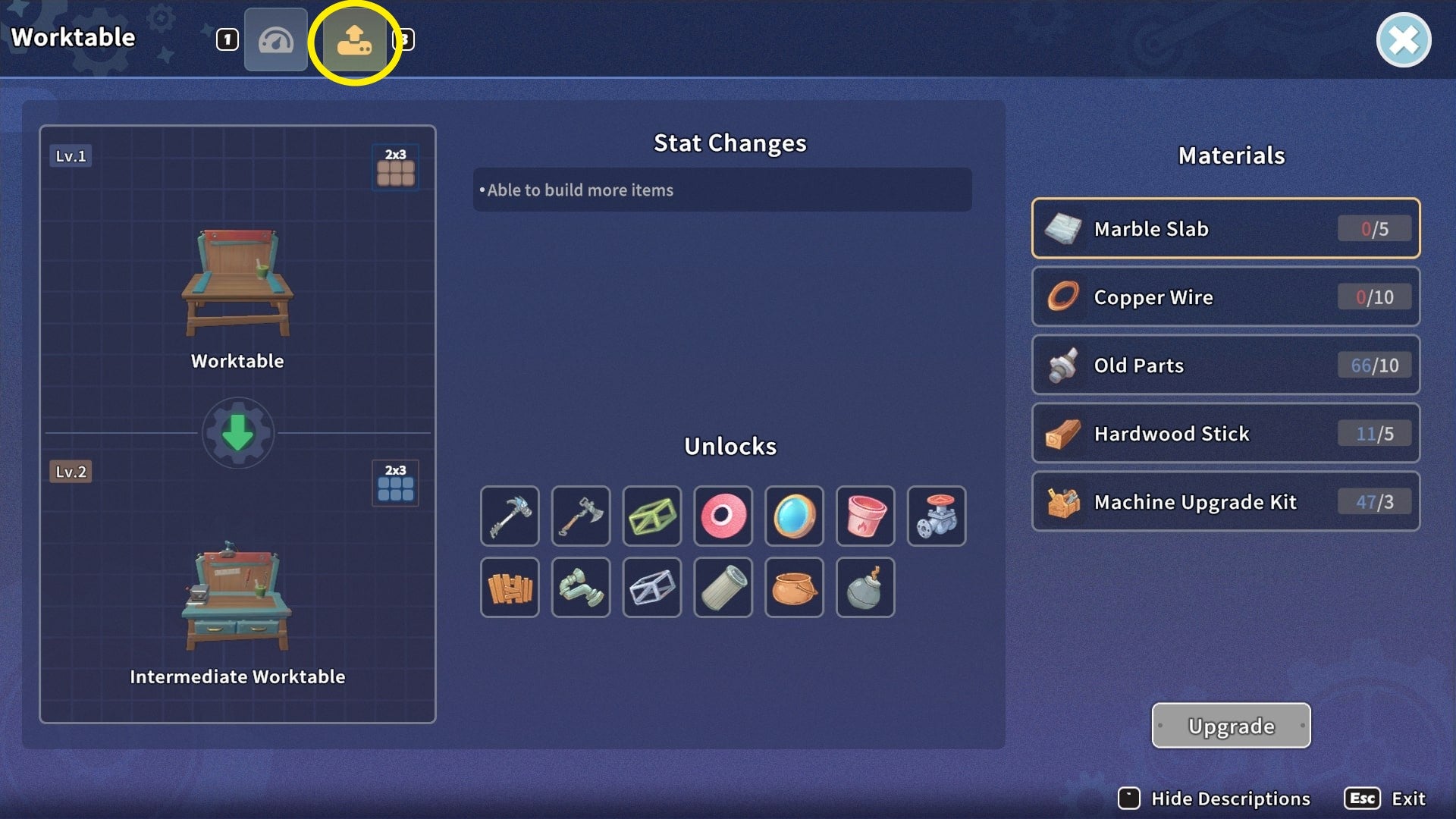 The upgrade page for the Worktable, where players can use materials to upgrade it into an Intermediate Worktable in My Time at Sandrock - 3