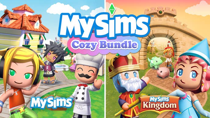 Key art for the MySims Cozy Bundle collection, featuring characters and backgrounds from the original MySims and MySims Kingdom.