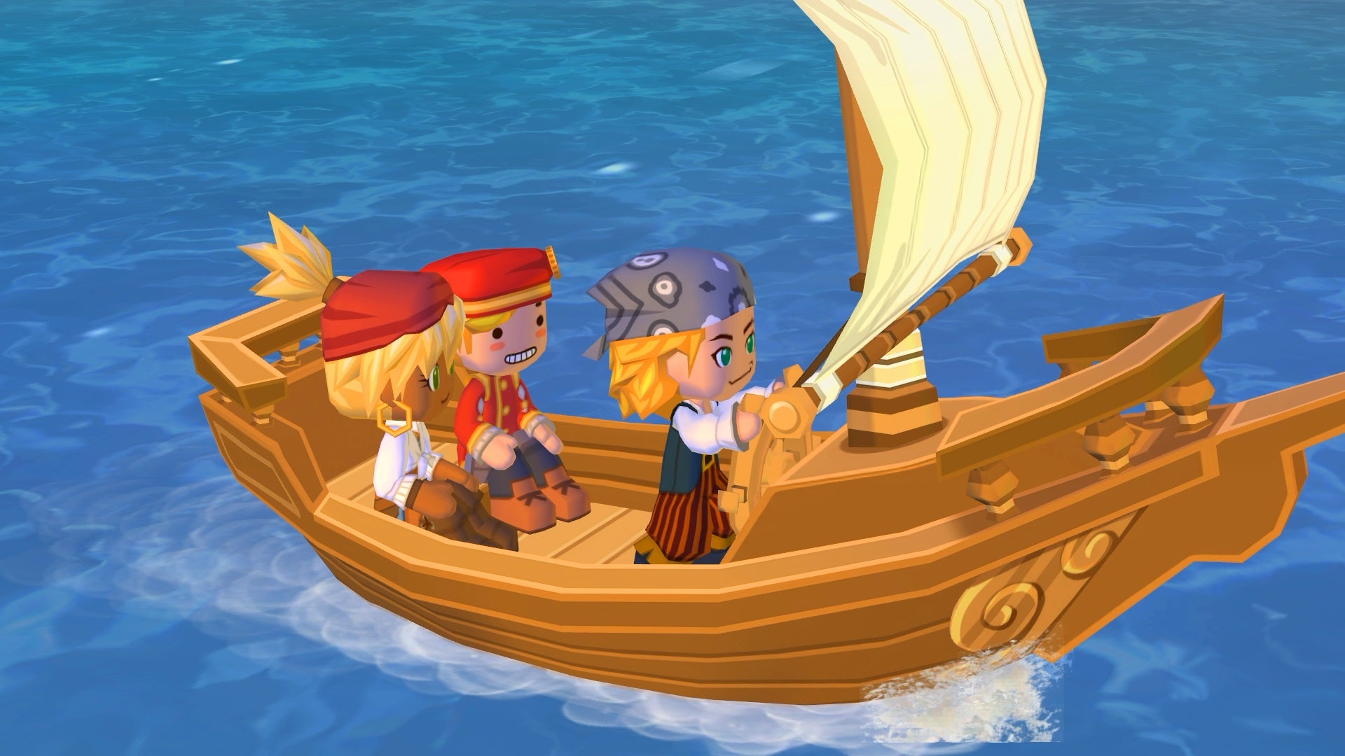 Lyndsay, Buddy, and the Royal Wandolier - a customisable player character - sail across the ocean in a small boat in MySims Kingdom. - 7