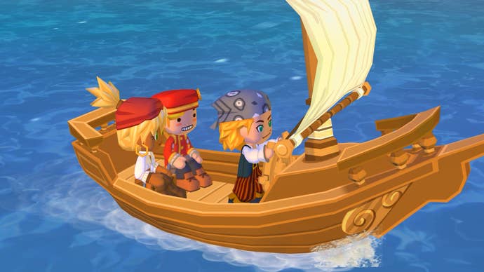 Lyndsay, Buddy, and the Royal Wandolier - a customisable player character - sail across the ocean in a small boat in MySims Kingdom.