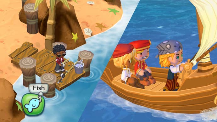 A two-part image shows a Sim fishing on the left, and three Sims (including Lyndsay and Buddy) sailing on the right.