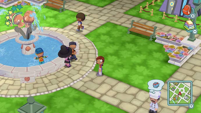 Residents gather in the MySims village square, the centrepiece of which is a large fountain.