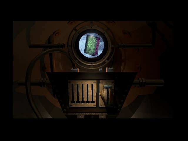 A book is held behind a glass porthole in this screen from Myst.
