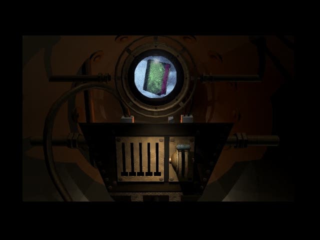 A book is held behind a glass porthole in this screen from Myst.