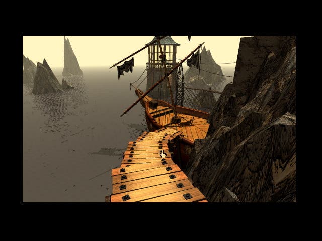 A rickety wooden jetty leads towards a tower with a cage at the top in this screen from Myst