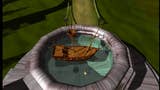 A wooden sailing ship sits inside a pond with a metal edge in this screen from Myst.