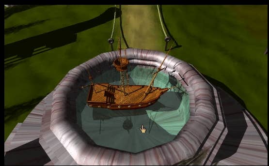 A wooden sailing ship sits inside a pond with a metal edge in this screen from Myst.