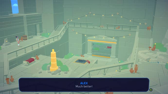 A screenshot from Mythwrecked showing a typical interior of the game: grey stone, blue sky, green bushes with yellow Ambrosia fruit growing on them. String lights are lit. The text says: “Alex: Much better!"