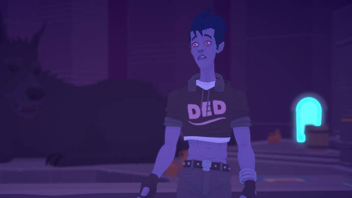 A screenshot from Mythwrecked showing a purple-hued scene of a man with purple skin, red eyes, dark hair, and a cropped t-shirt with the word “DED” across it.