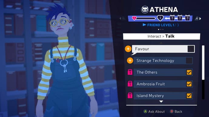 A screenshot from Mythwrecked showing the chat interaction screen. At the top it tells you the person you’re talking to, Athena, your “Friend Level”, and a selection of chat prompts: “Favour / Strange Technology / The Others / Ambrosia Fruit / Island Mystery”