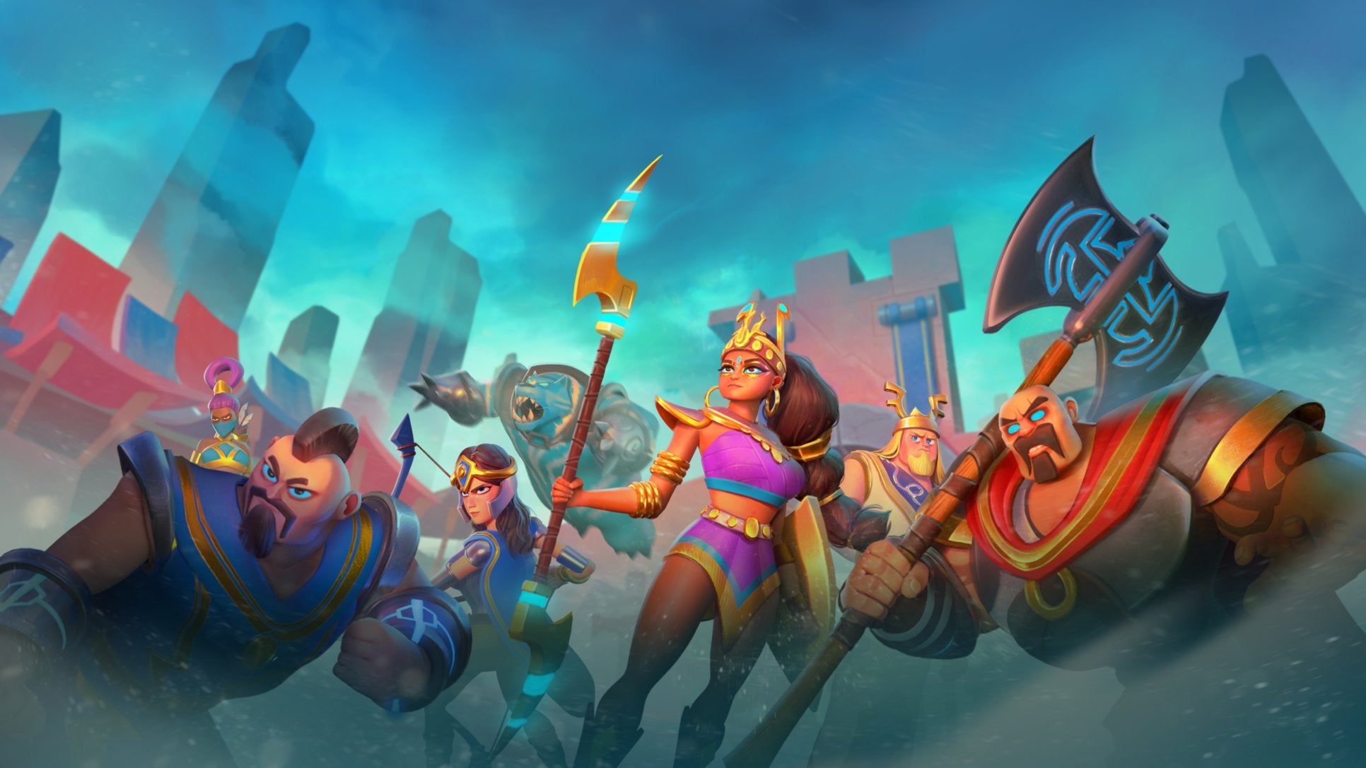 Mythic legends characters stood menacingly ready for battle.