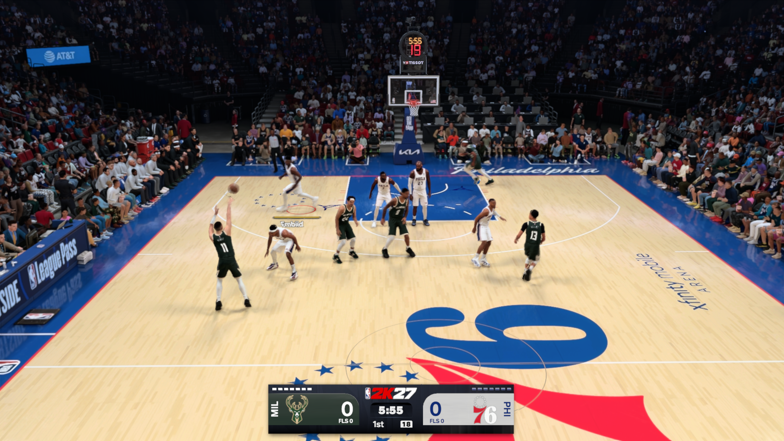 A basketball match in NBA 2K27, running with DLSS 5. The addition of 3x Multi-Frame Generation causes multiple visual artifacts on fine details.
