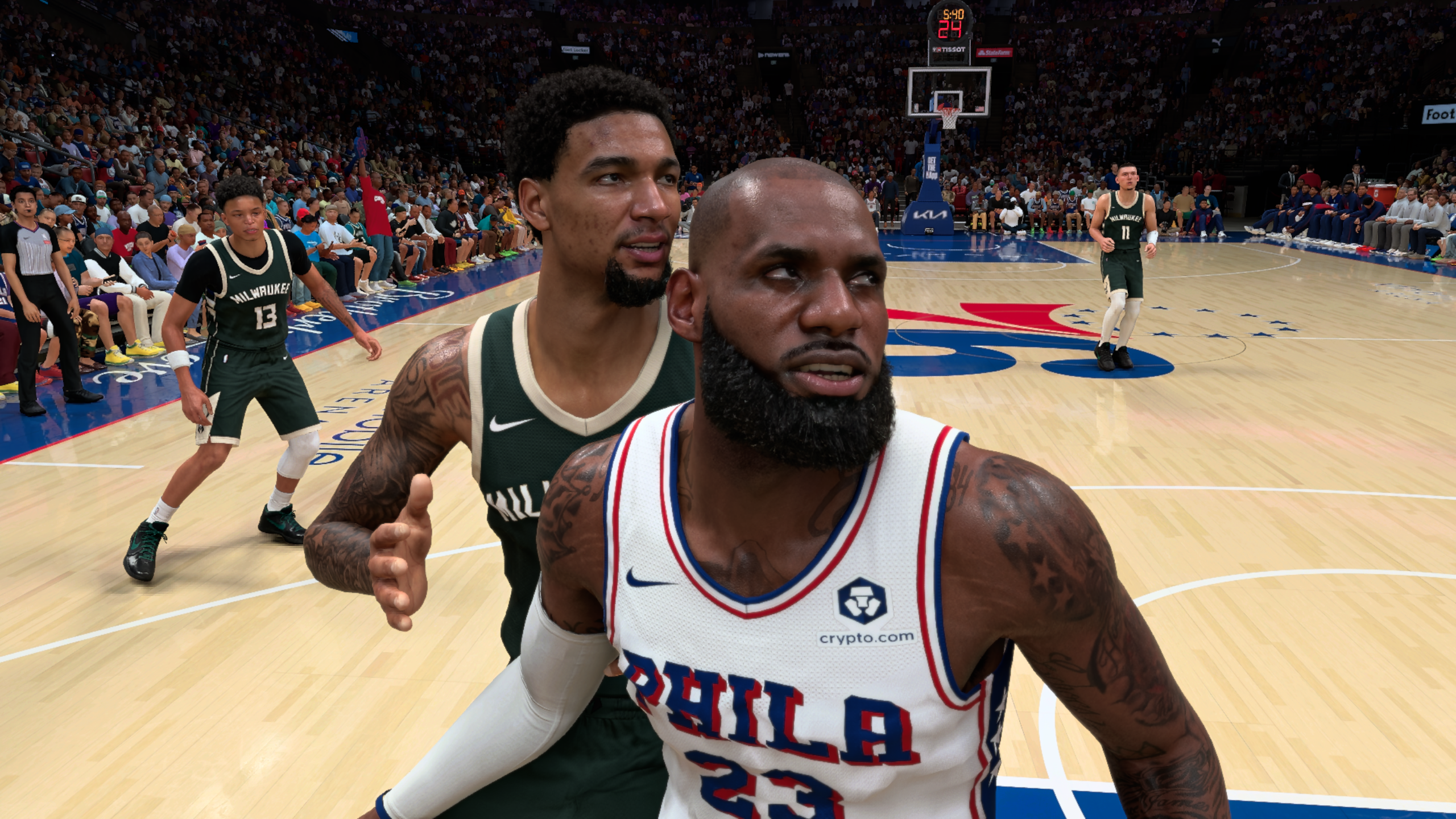 LeBron James and Kel'el Ware in NBA 2K27, with DLSS 5 switched on.