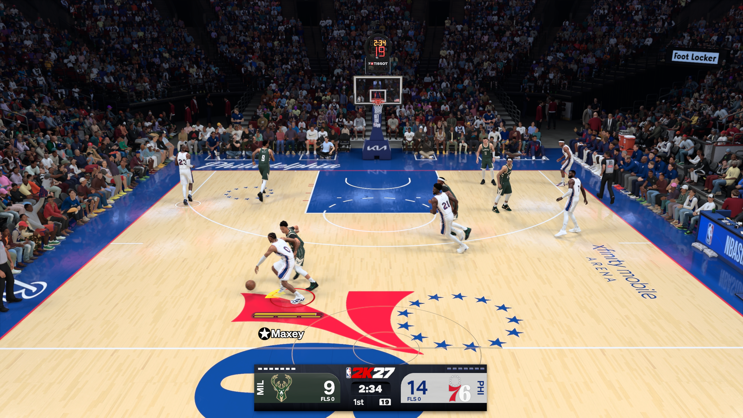A basketball match in NBA 2K27, running with DLSS 5 switched off.