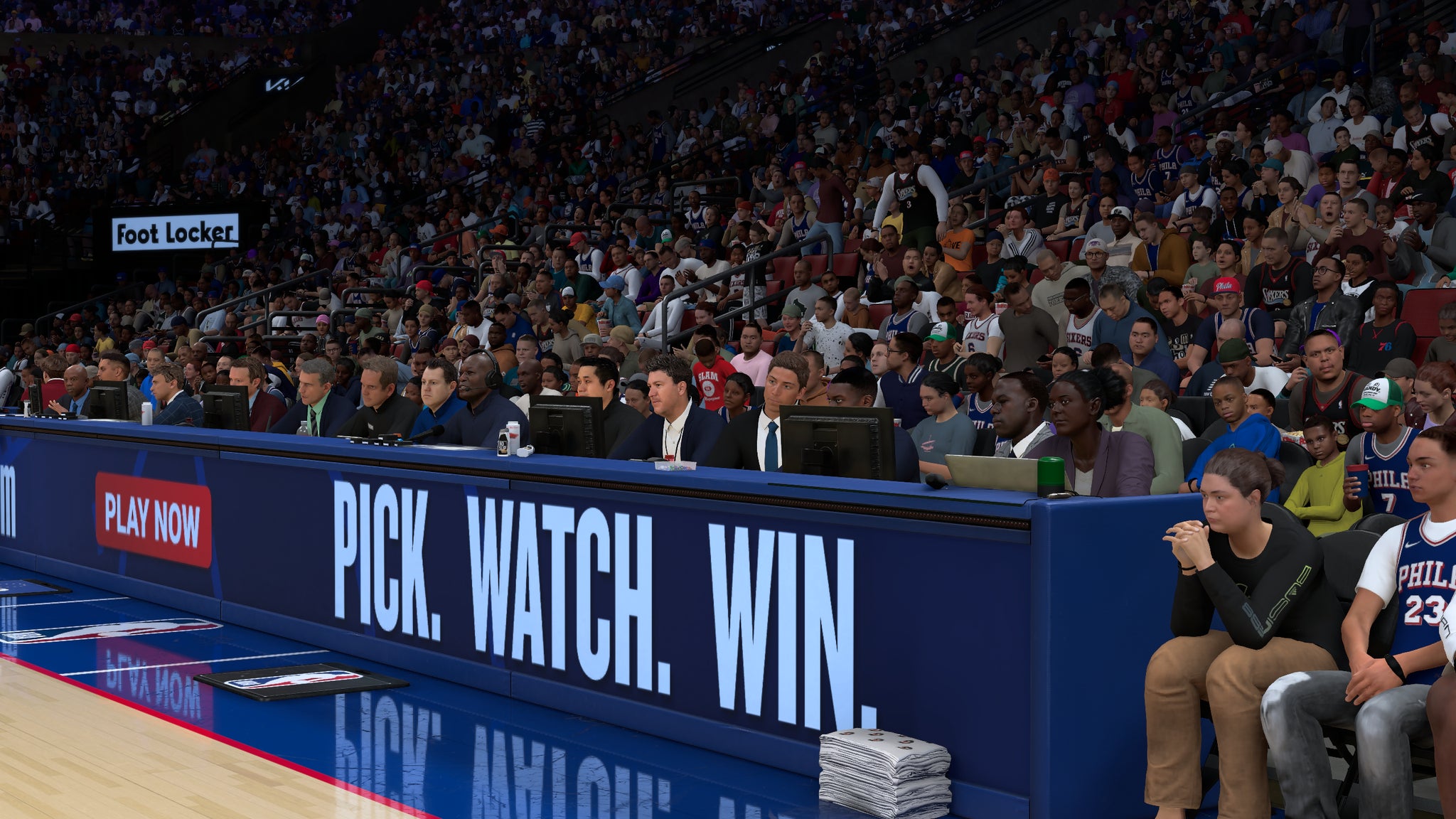 A view of the courtside crowd in NBA 2K27, running with DLSS 5 off.