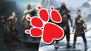 The Naughty Dog logo, which is a red paw, in front of key art of both God of War 2018, and God of War: Ragnarok.