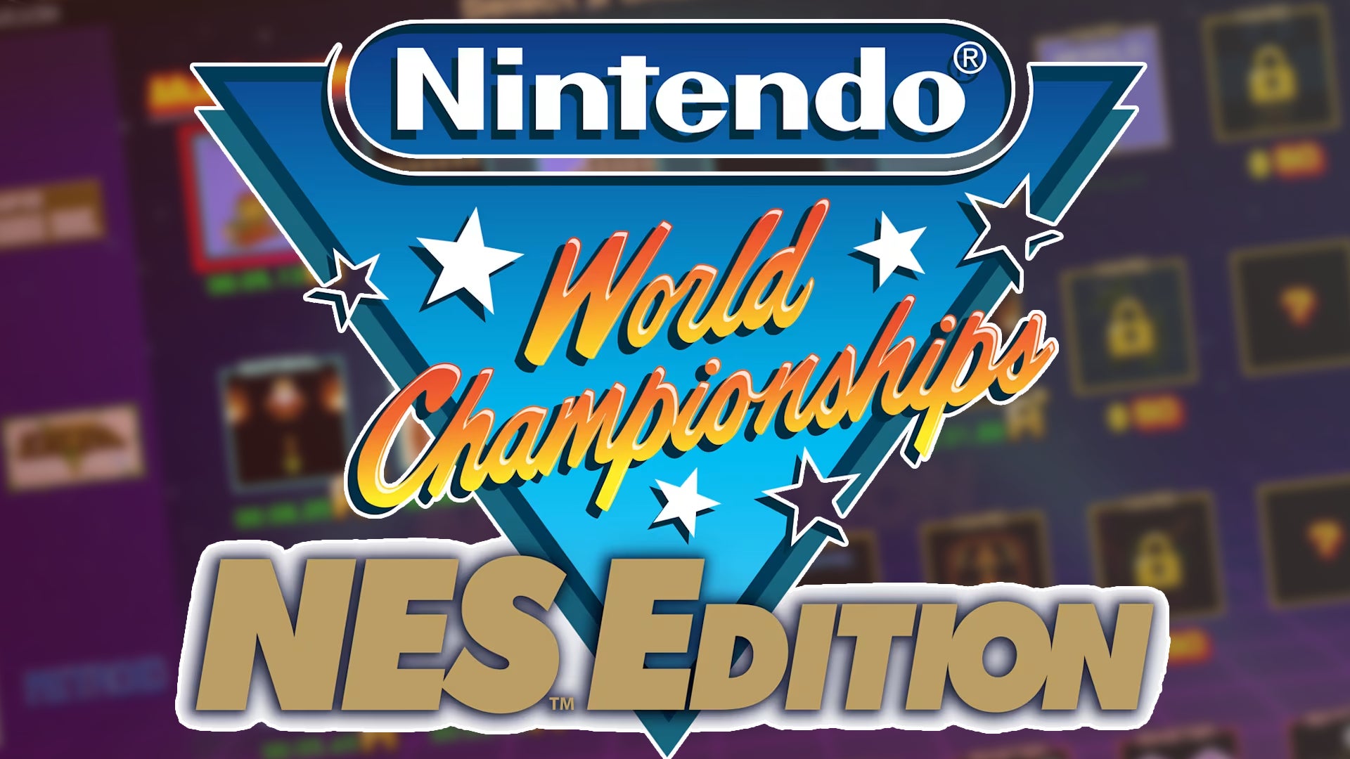 Header image featuring the Nintendo World Championship NES Edition logo over a blurred background of the game select screen - 1