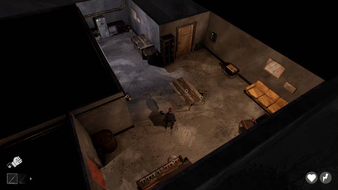 A top down view of a building interior with furniture including a sofar and several doors