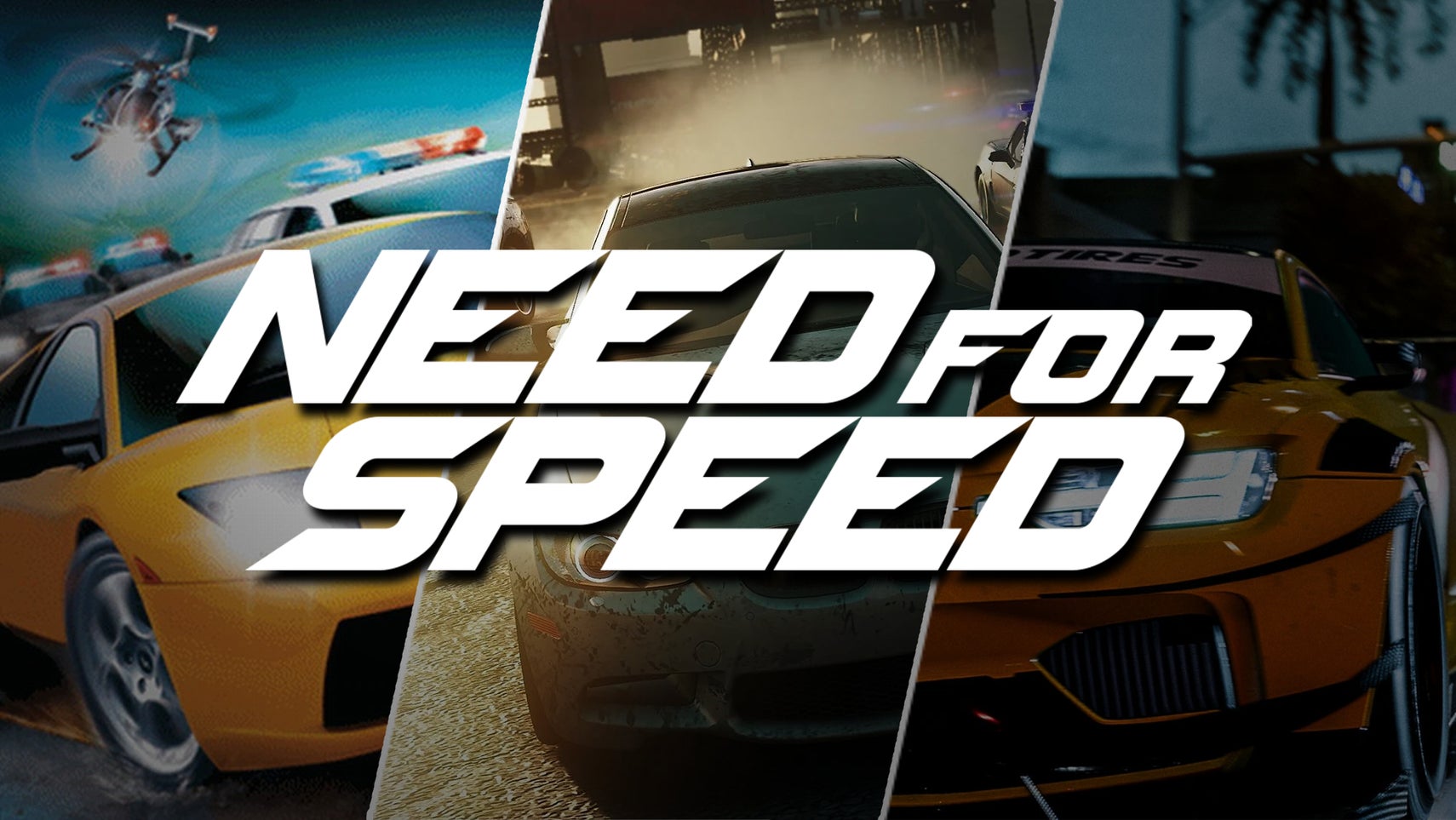 Trio of images of cars from across the Need-For-Speed franchise with the NFS logo, in white, over the top. - 1