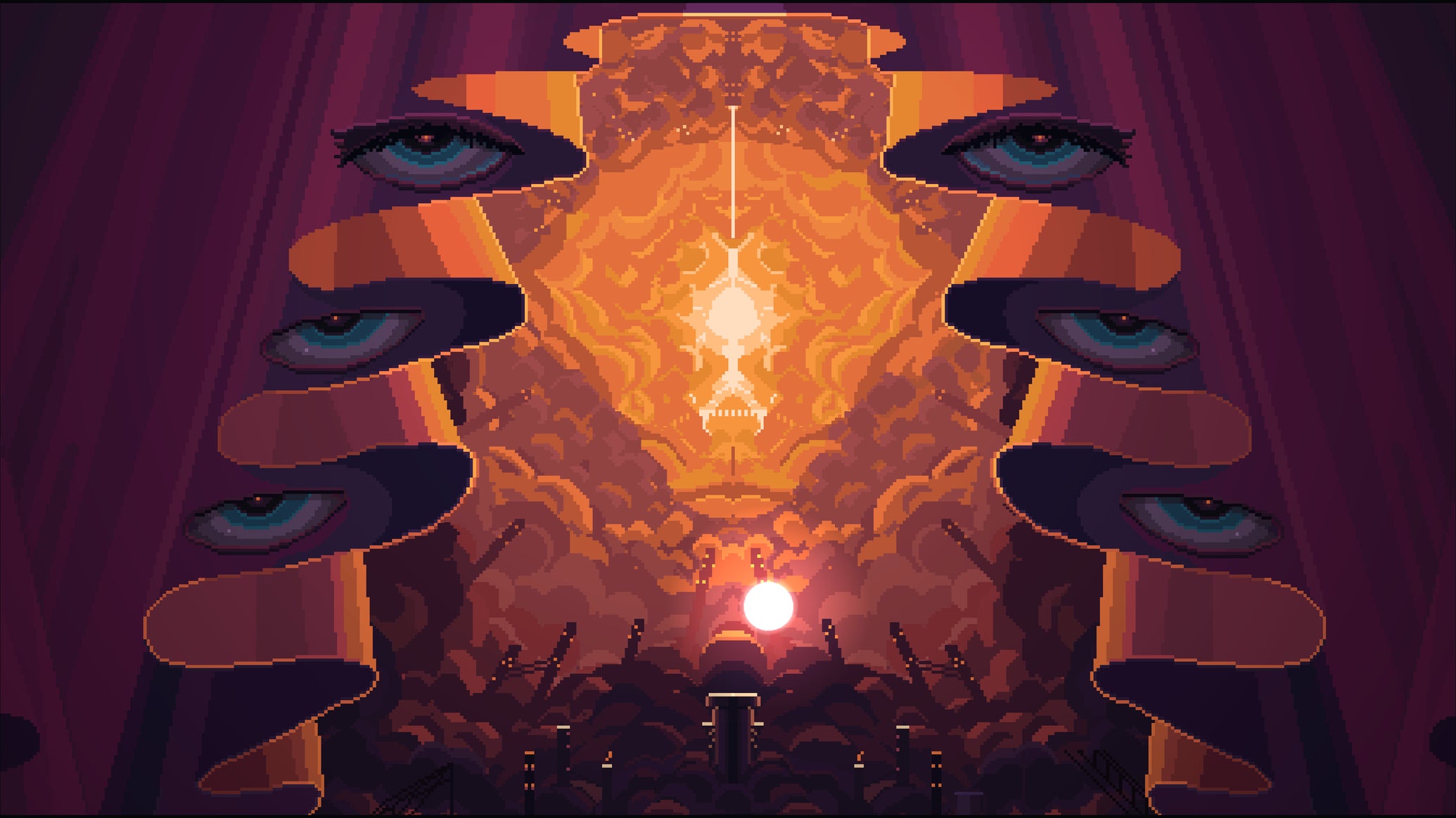 A surreal, abstract scene of eyes, light and curtains from Norco - 1