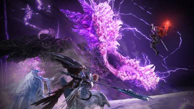Elden Ring Nightreign screenshot showing a birdman fighting a giant beast with huge jaw and purple energy