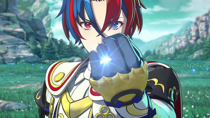 The lead character of Fire Emblem Engage clutches his fist to reveal a shining ring.