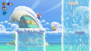 Mario jumping pas a talking flower in Super Mario Bros. Wonder.
