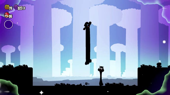 Super Mario Bros. Wonder official screenshot showing Mario, a Goomba, and the level itself silhouetted against a purple and blue background of long tree-like shapes. Mario and the Goomba are also long, stretched vertically.