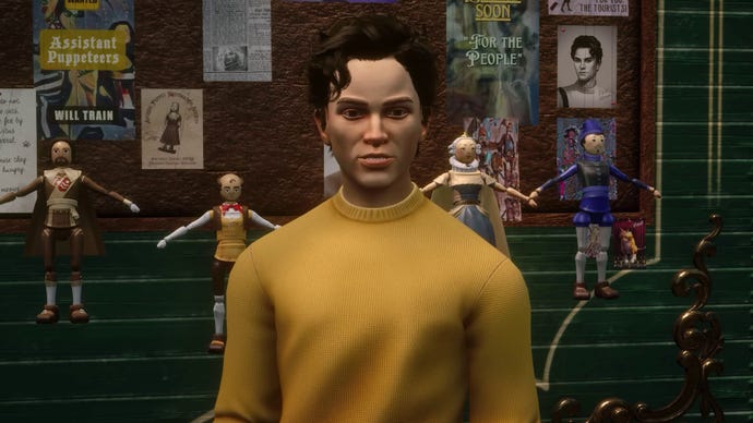 A guy in a yellow jumper in front of some creepy puppets, a suspect in Nancy Drew: Mystery Of The Seven Keys