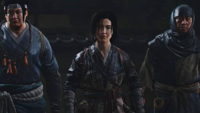 Naoe stands beside two allies in Assassin’s Creed Shadows.