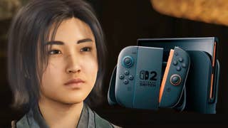 Naoe from Assassin's Creed Shadows next to an image of Nintendo's Switch 2 console