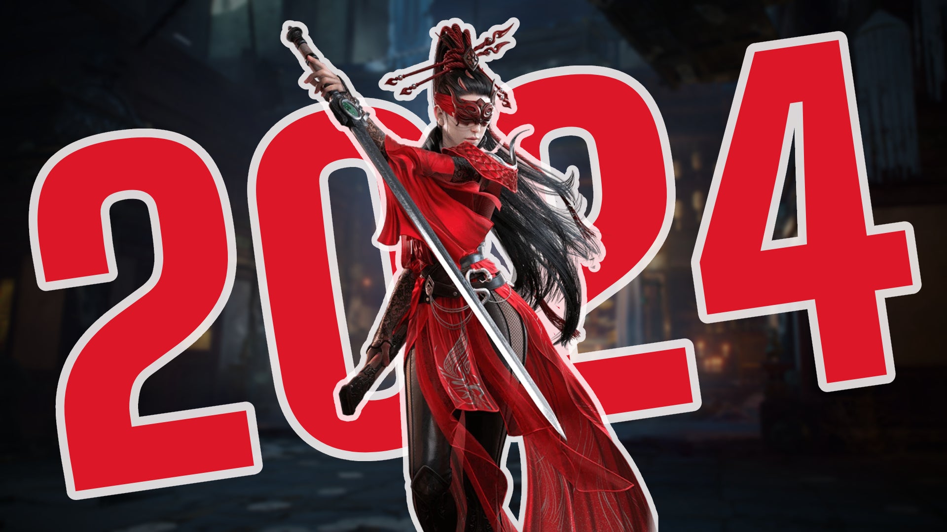 A female warrior from Naraka Bladepoint with a big red 2024 sticker behind her. - 1