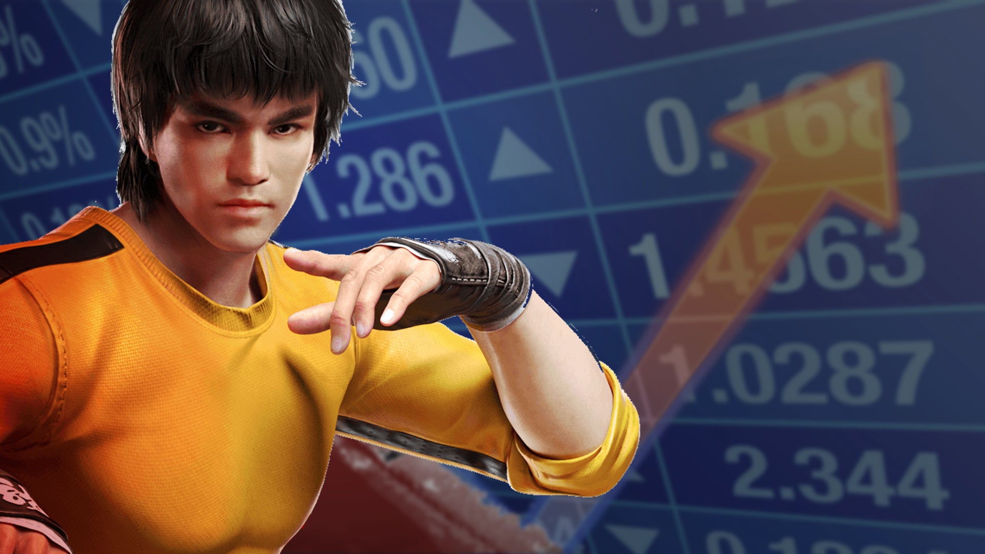 Bruce Lee, in Naraka Bladepoint, over the Stonks meme as a background. - 1